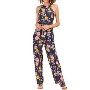 Miami Spring Floral Crochet Blue Multi Halter Jumpsuit